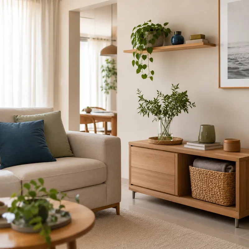 Sala organizada com sofá neutro, aparador de madeira, plantas e cesto organizador.