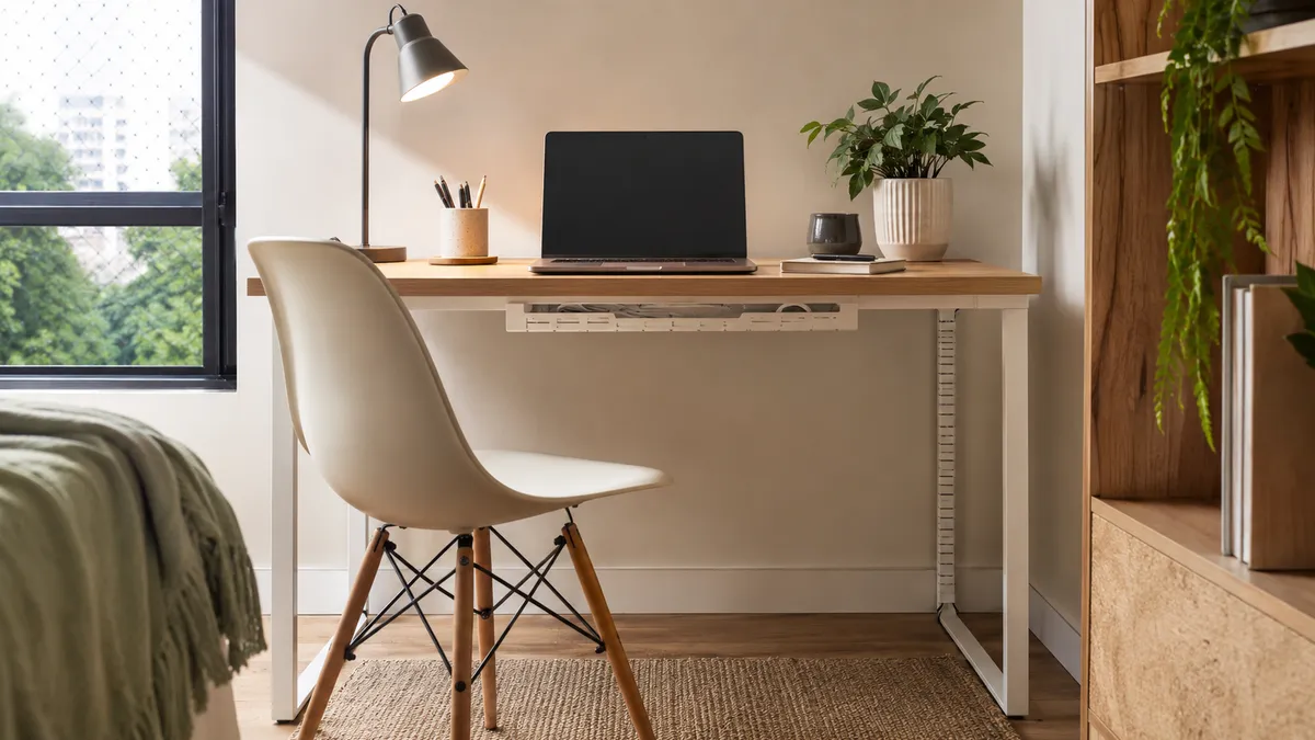 Mesa de home office organizada com cabos escondidos sob o tampo.