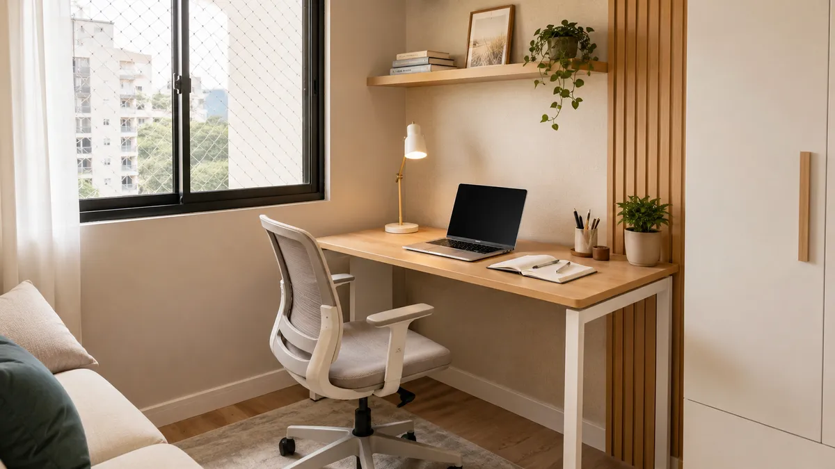 Home office pequeno organizado com mesa compacta, notebook e decoração funcional.